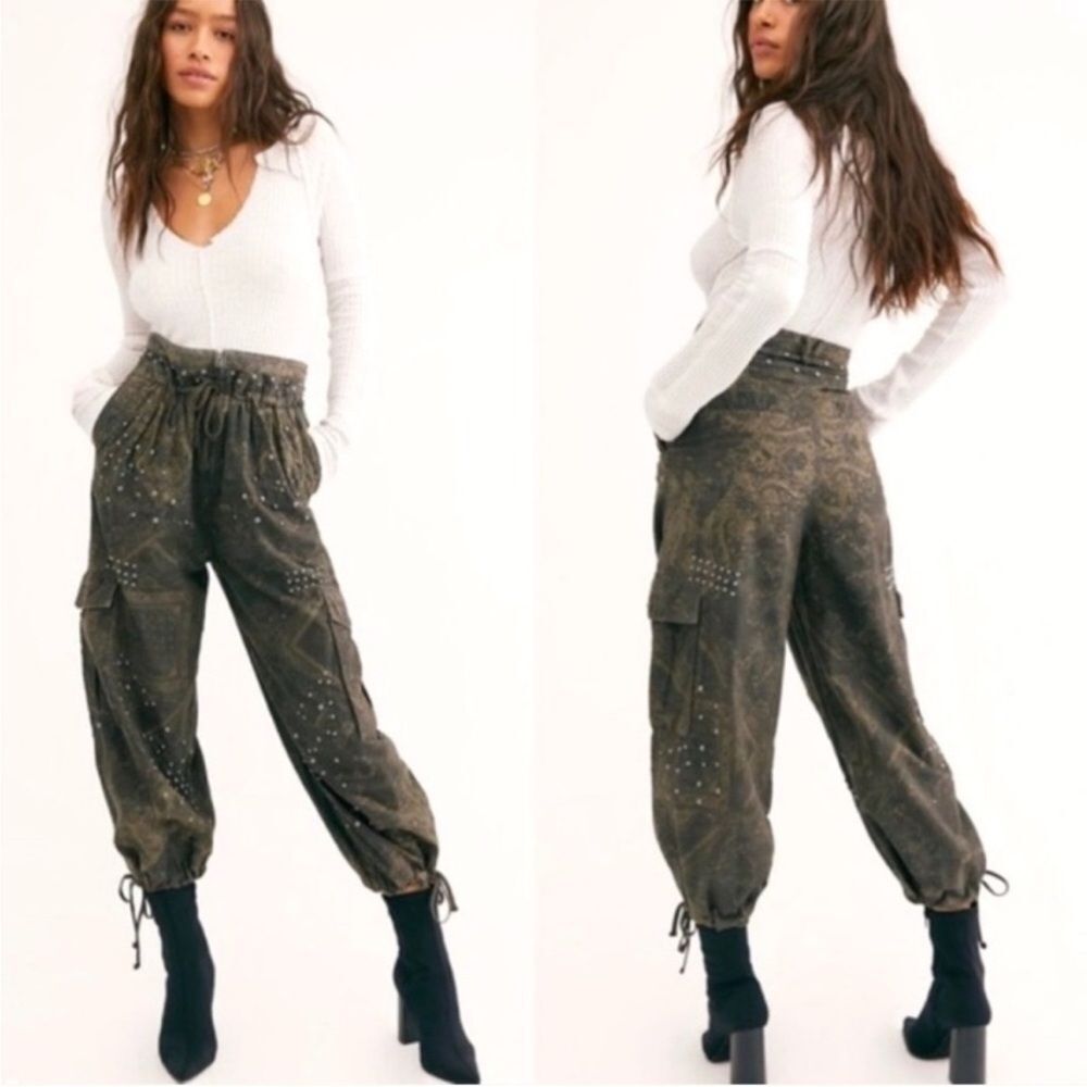 Free People Studded Fly Away Parachute Pants 4 Baggy Cargo Utility Festival